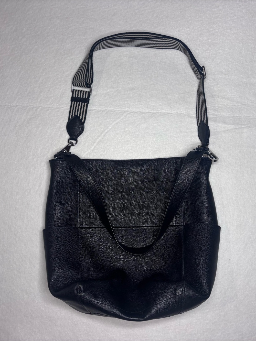 Rebecca Minkoff 100% Genuine Black Leather Bucket Bag with Striped Strap